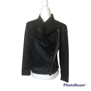 Han Ya Ge Diao Black Moto Style Faux Leather Jacket, size Large